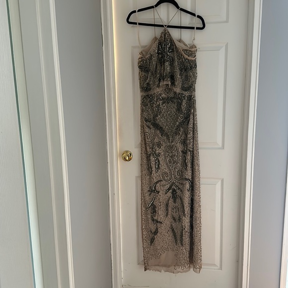 Worn 1 time-beige & gold beaded off the shoulder gown-smoke feee home - Picture 1 of 3